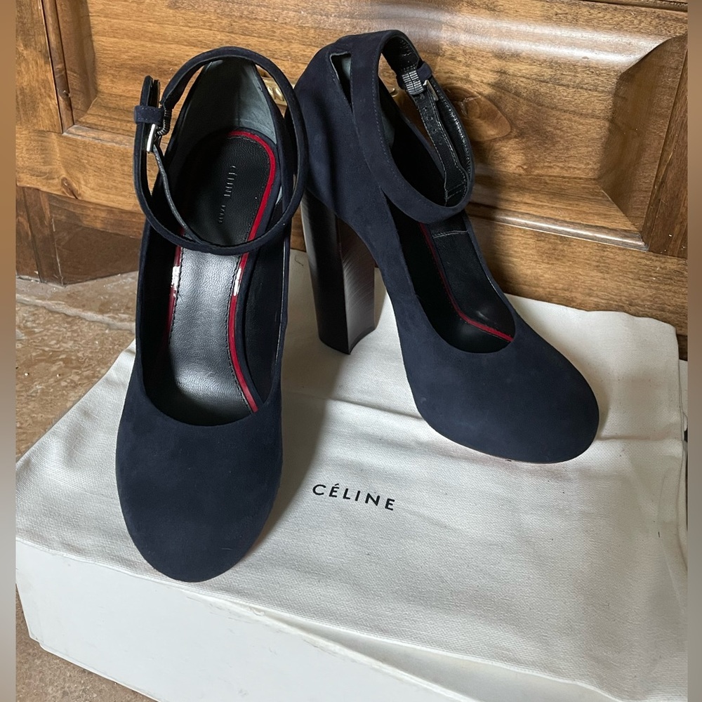 Celine suede blue block pumps
